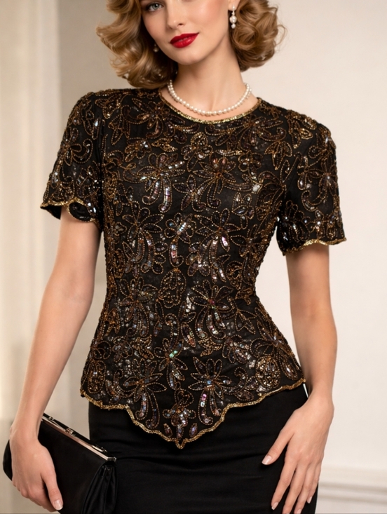 Papell Boutique Tops - Vintage Papell Boutique Evening Blouse Sequin Silk Beaded Top Cote d' Azur